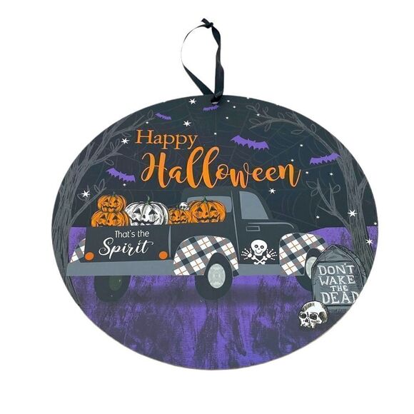 NWOT HAPPY HALLOWEEN Wall Sign Home Décor Pumpkin Black and Purple - Picture 2 of 5
